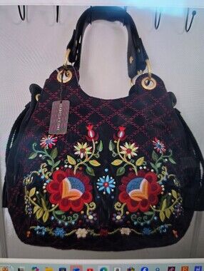 NWT Vtg Isabella Fiore Penelope Tote Black Leather Embroidered Floral Hobo Y2K